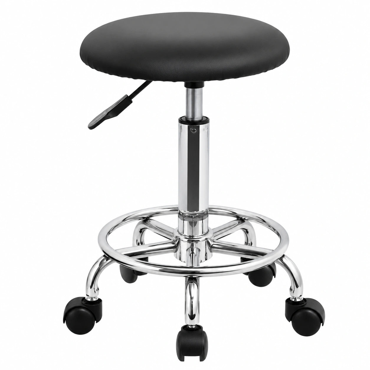 Höhenverstellbarer Rollhocker aus PU-Leder mit Fußstütze, 360° drehbar, Schwarz