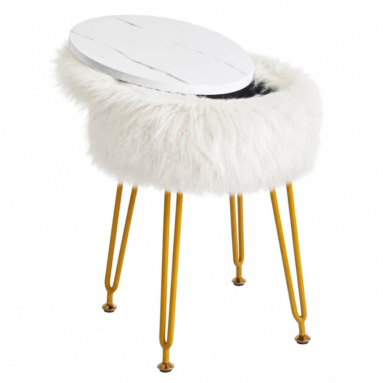 Runder Kunstfell-Hocker mit Stauraum, gepolsterter Sitz und Metallbeine
