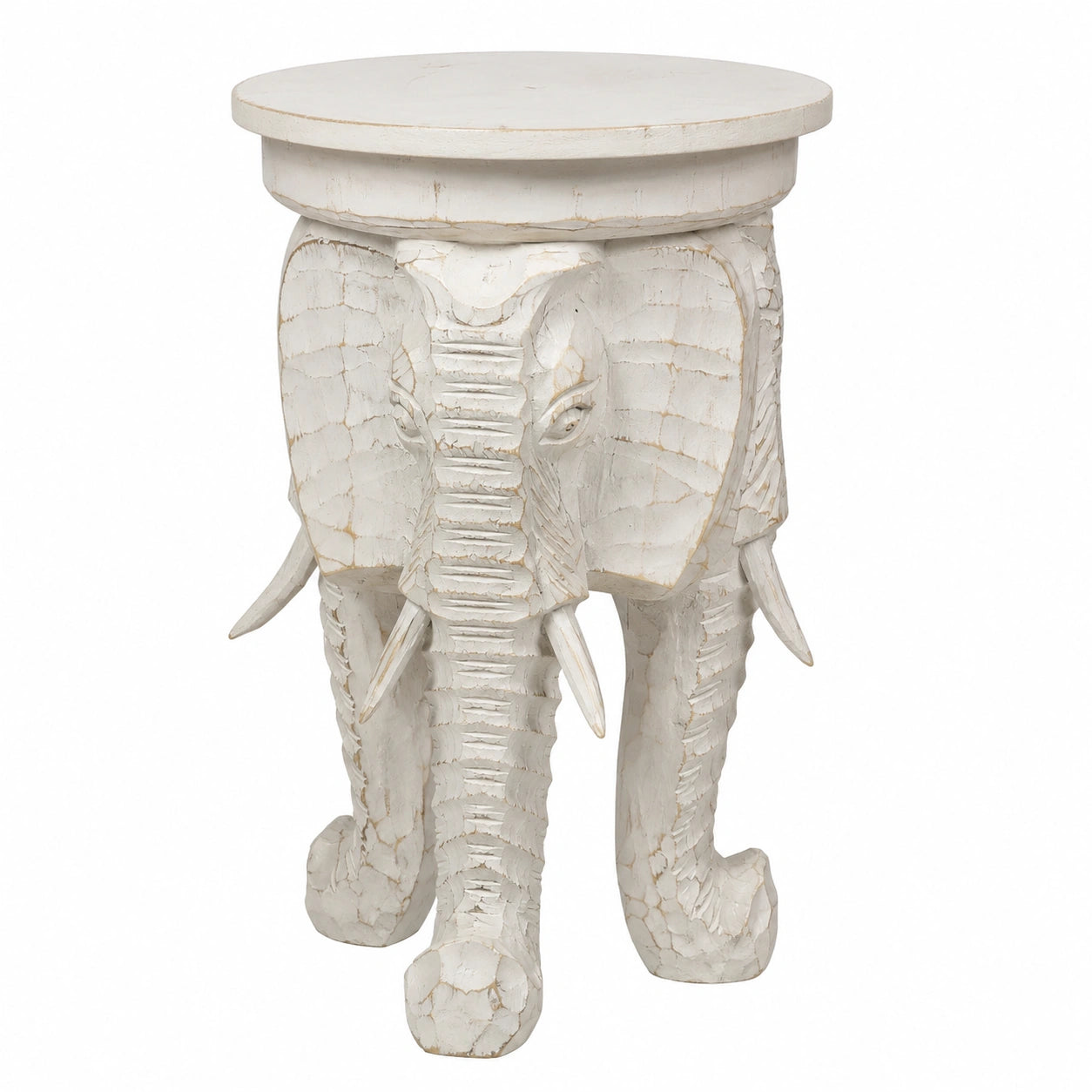 Naturholz Hocker Elefant Design, 60 cm Höhe, Blumensockel Weiß