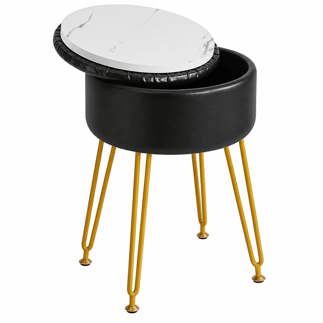 IBUYKE Runder Fußhocker aus Kunstleder mit Stauraum, Moderner Ottoman mit Abnehmbarer Abdeckung, Goldene Stahlbeine, Schwarz