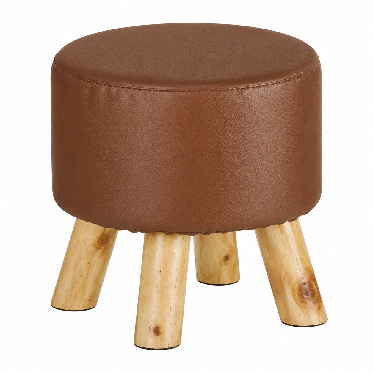 Runder Kunstlederhocker mit Holzbeinen, 30 cm, Braun