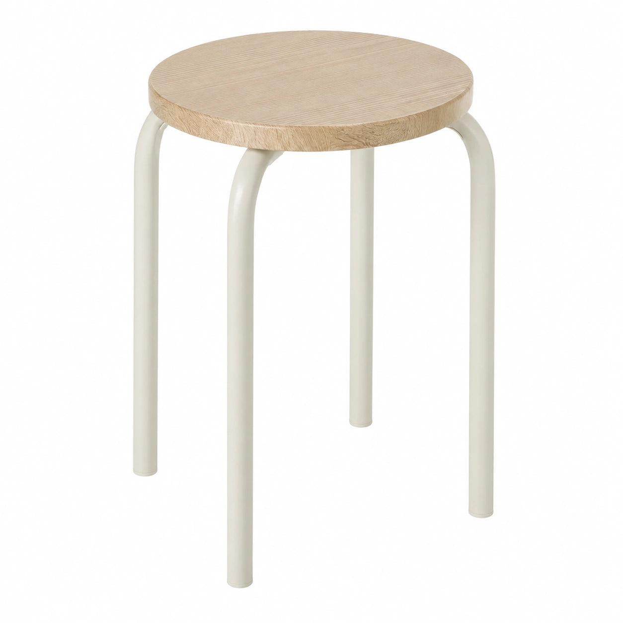 Skandinavischer Hocker mit Metallbeinen und Holzsitz, stapelbar, Weiß/Eiche