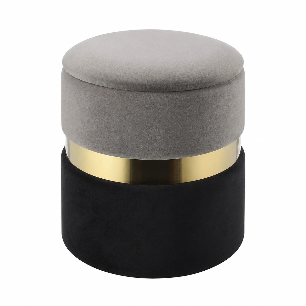 Eleganter 2er Sitzhocker-Set mit Stauraum, grauer Samt und goldene Metallakzente