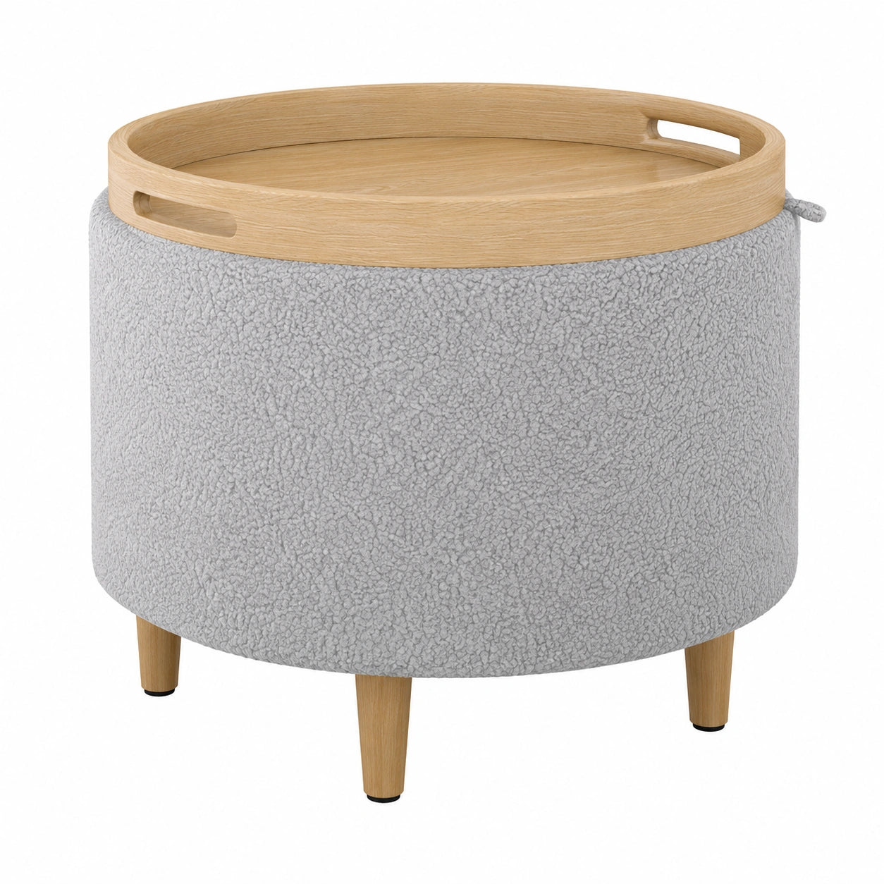 Runder Polsterhocker mit Stauraum und Holzbeinen, Modernes Design in Grau, Ø56 x 42 cm